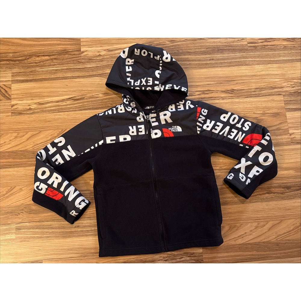 North Face Hoodie Youth Medium 10/12 BLK Logo Graphic Fleece Full Zip Sweatshirt